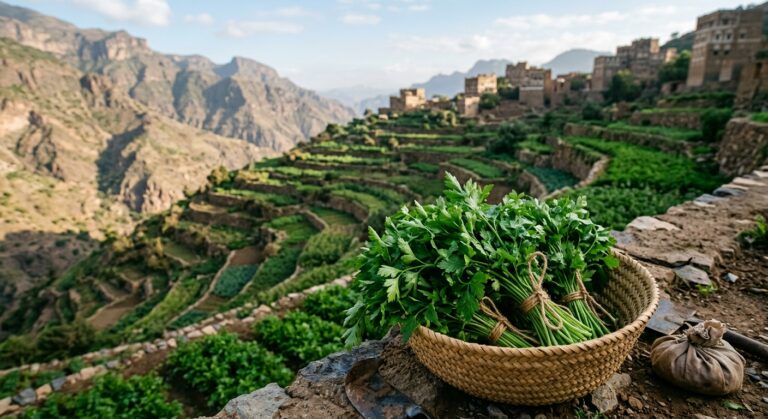 Bundles of fresh herbs in a woven basket overlooking terraced mountain farms and traditional stone village buildings